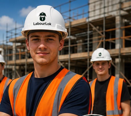 A young worker in a LabourLok hard hat and orange hi-vis on a construction site