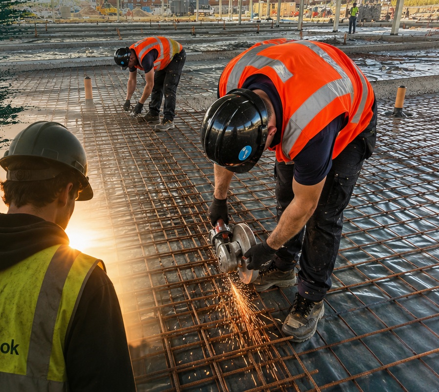 Young workers cutting and fixing reinforcement on a live construction site