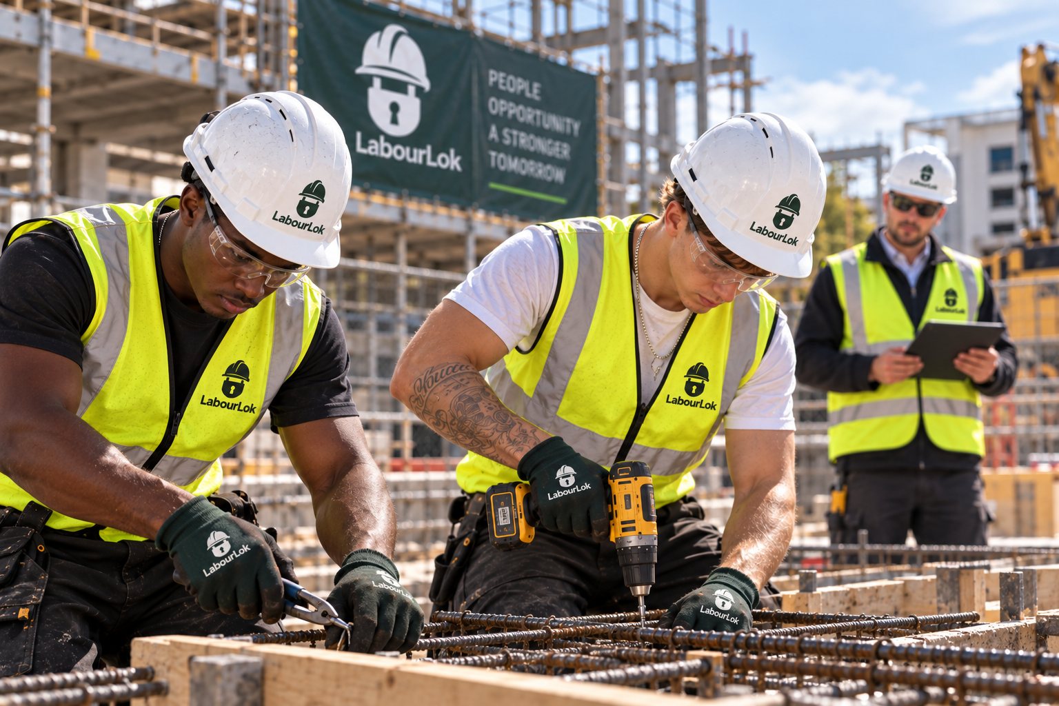 Young LabourLok workers in branded hi-vis and white hard hats fixing reinforcement on a live construction site