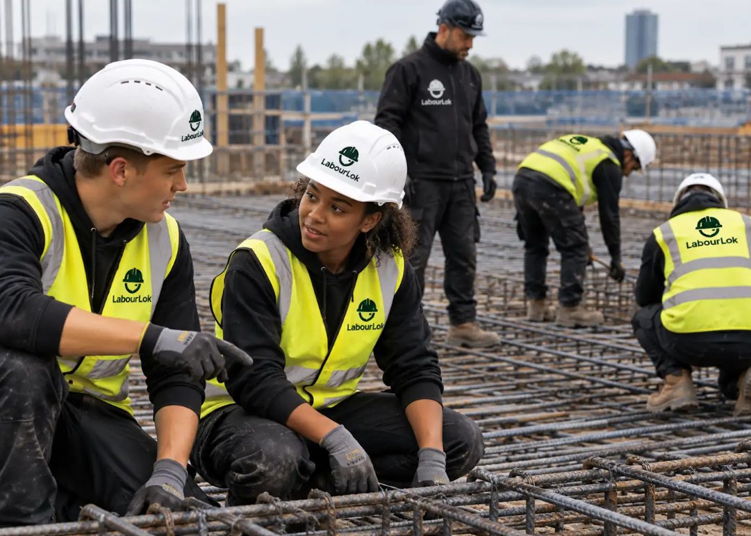 Young LabourLok workers in branded hi-vis and white hard hats talking on a reinforcement deck, with a supervisor behind
